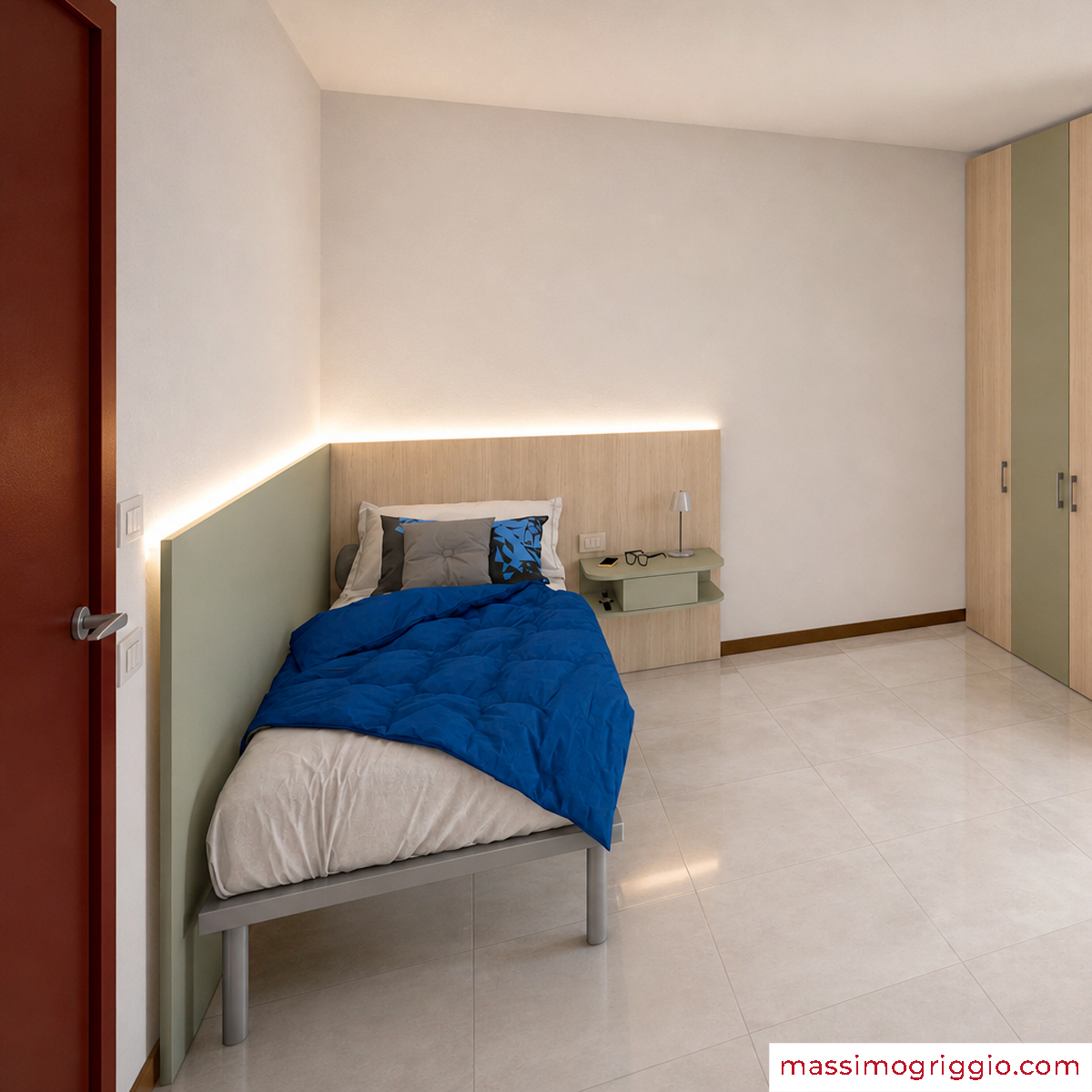 Letto singolo a parete con boiserie e illuminazione integrata